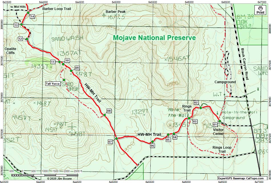 Hole-in-the-Wall to Mid Hills Trail Map