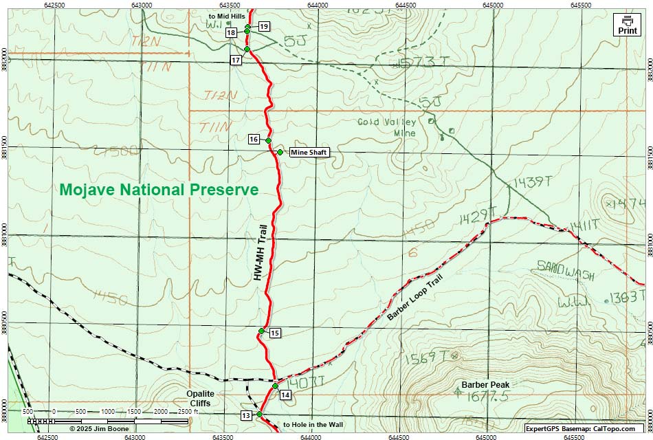 Hole-in-the-Wall to Mid Hills Trail Map