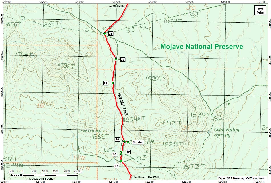 Hole-in-the-Wall to Mid Hills Trail Map