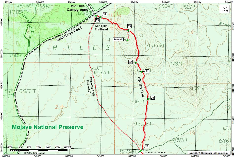 Hole-in-the-Wall to Mid Hills Trail Map