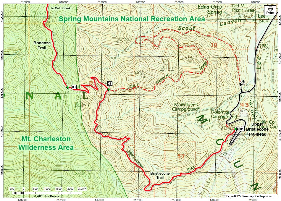 Bonanza Trail Hiking Map (Bristlecone Trailhead Section)