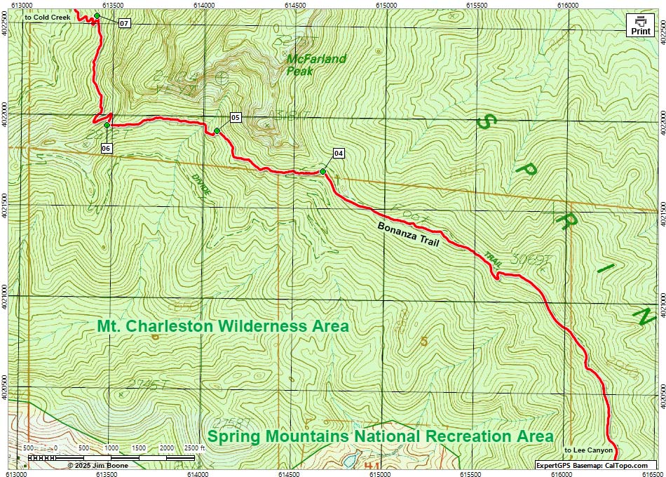 Bonanza Trail Hiking Map (Bristlecone Trailhead Section)