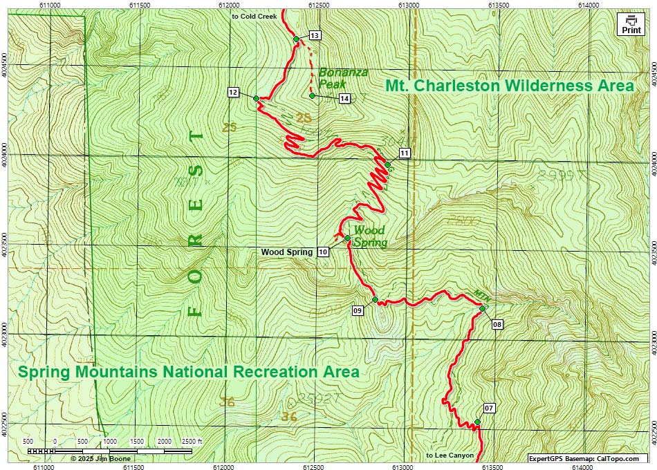 Bonanza Trail Hiking Map (Bristlecone Trailhead Section)