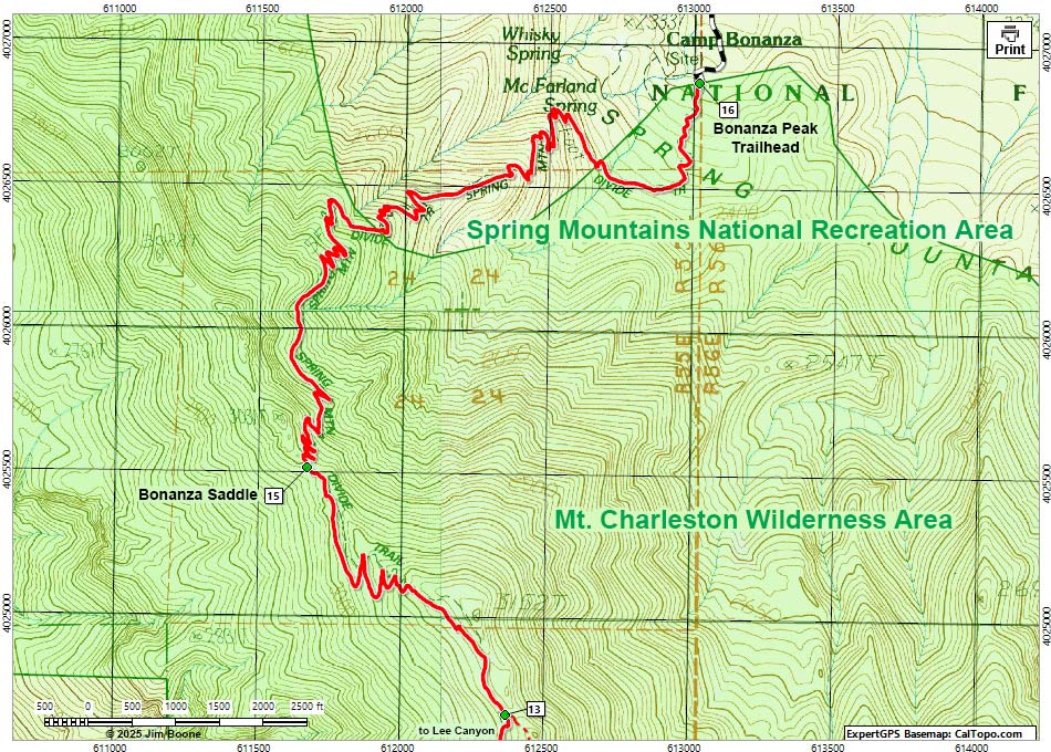 Bonanza Trail Hiking Map (north section)
