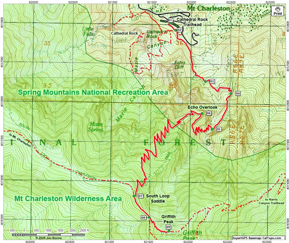 Griffith Peak via South Loop Trail Map