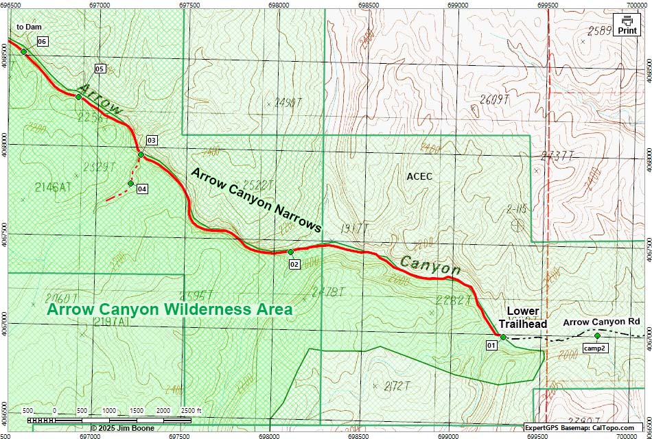 Arrow Canyon Hiking Map, Eastern Section